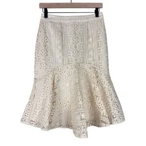 Rachel Parcell Ivory Floral Lace Trumpet Midi Skirt XS Cream Embroidered Flounce